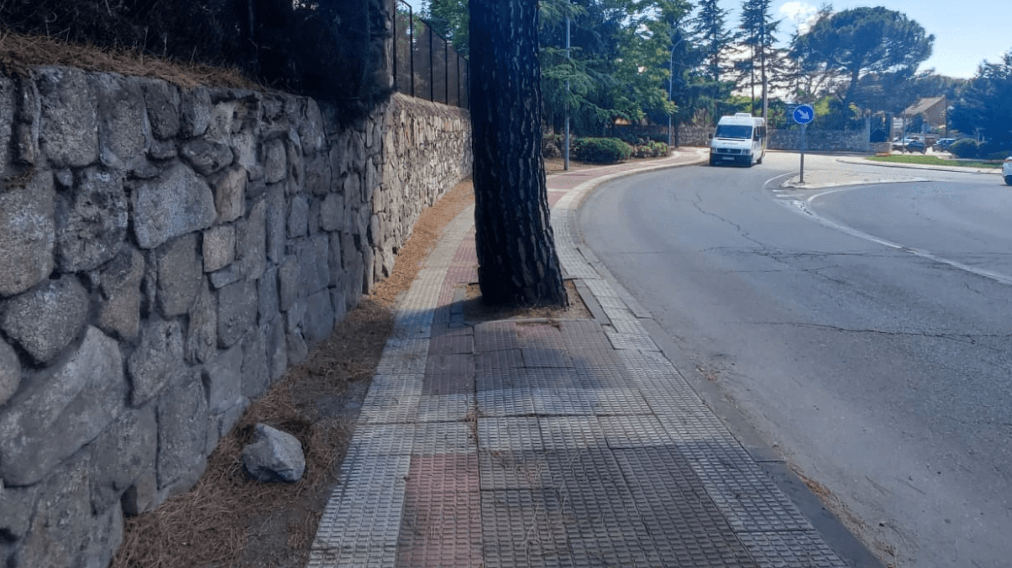 Rotonda en C. carretera Moralzarzal yendo a calle libertad, Árbol en mitad de la acera prohíbe el paso.